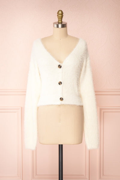 Delcia White Fuzzy Button-Up Cardigan | Boutique 1861 front view