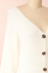Delcia White Fuzzy Button-Up Cardigan | Boutique 1861 side close-up