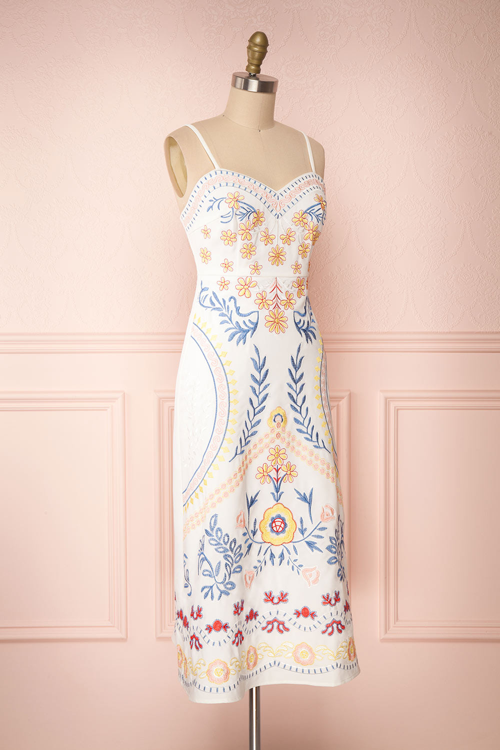Delfinia White Floral Embroidered Midi Dress