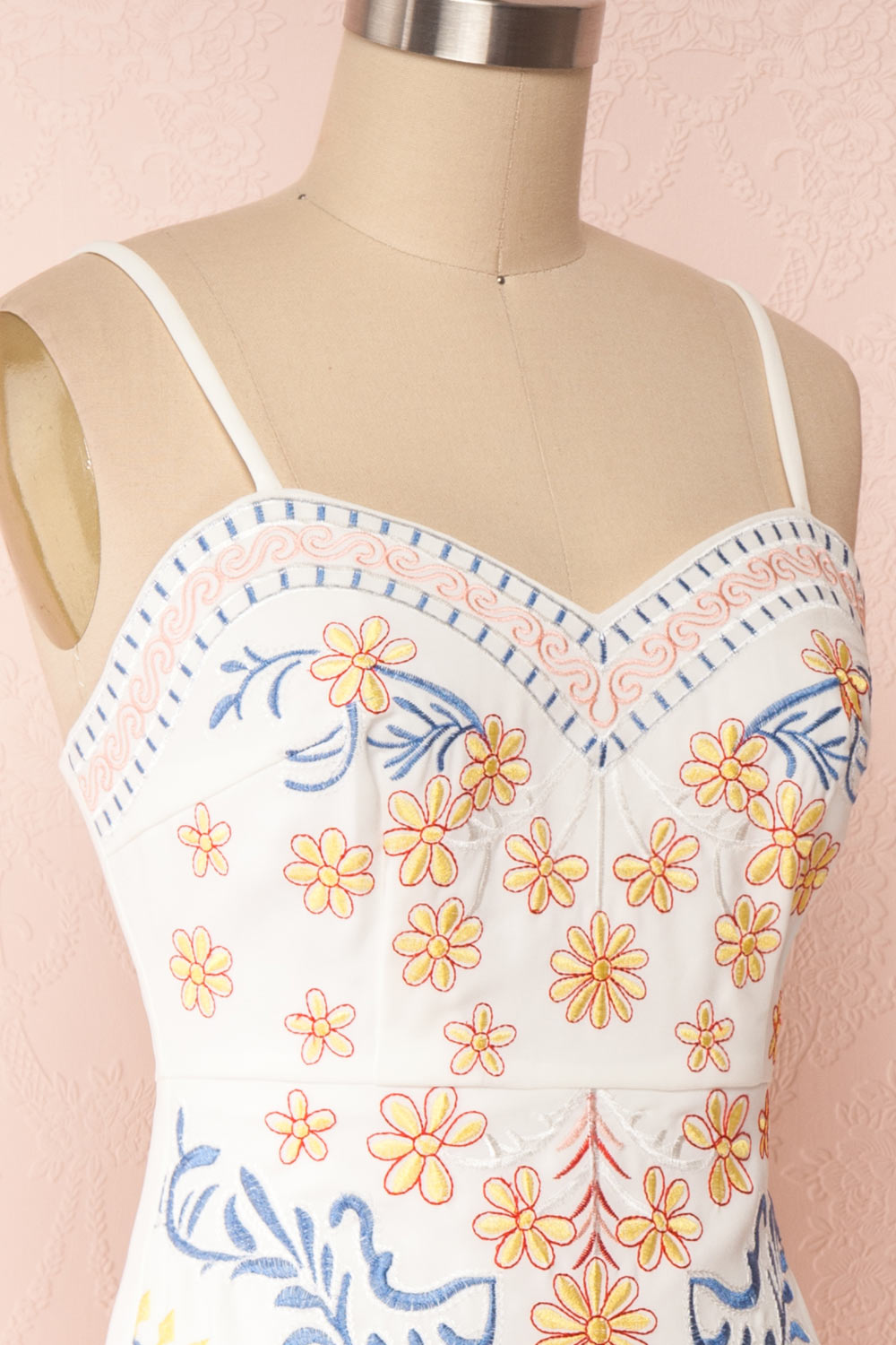 Delfinia White Floral Embroidered Midi Dress side close up | Boutique 1861
