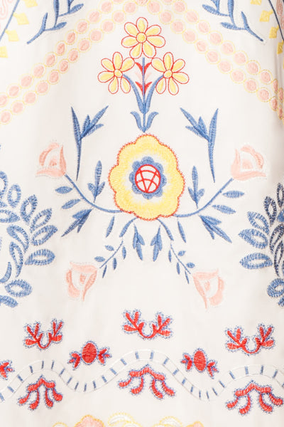 Delfinia White Floral Embroidered Midi Dress fabric | Boutique 1861