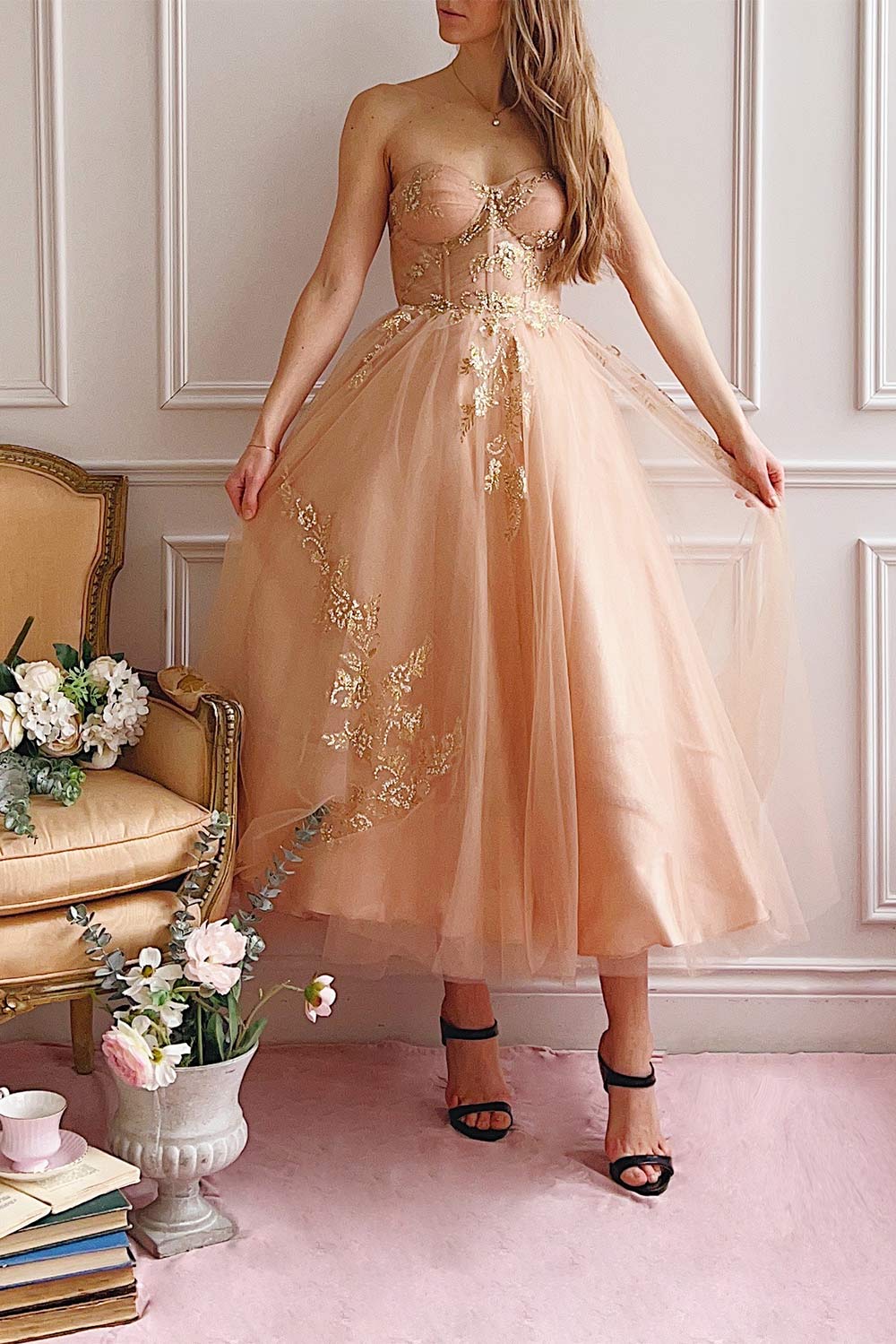 Delilah Tulle Bustier Midi Dress w/ Floral Appliqués