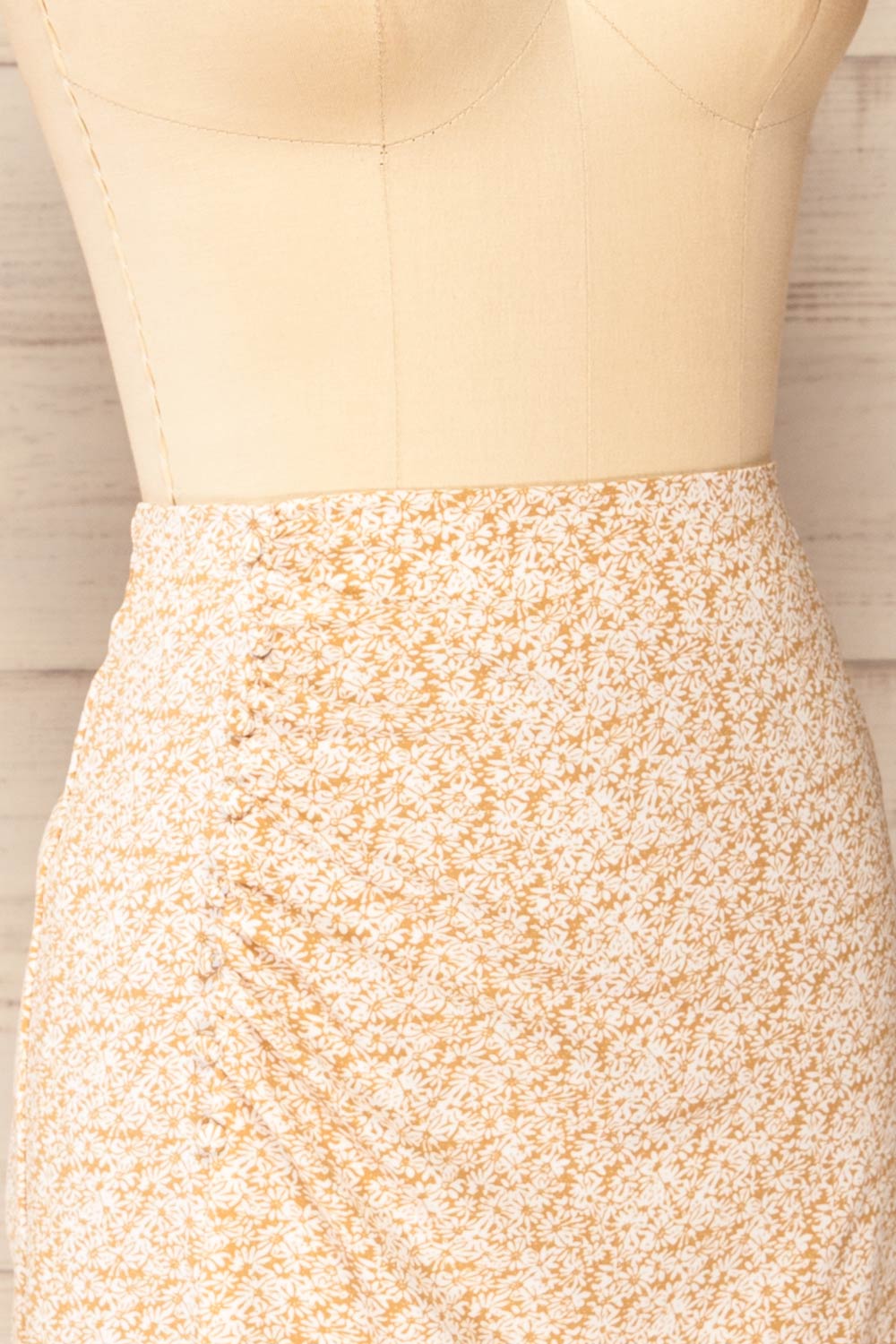 Delnice Floral Midi Skirt With Slit And Buttons | La petite garçonne side close-up