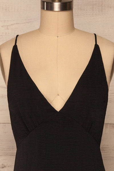Delphi Black V-Neck Midi Dress | La petite garçonne front close up