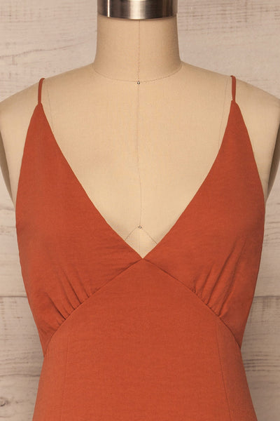 Delphi Clay Rust Orange Midi Dress | La petite garçonne front close up