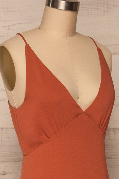 Delphi Clay Rust Orange Midi Dress | La petite garçonne side close up