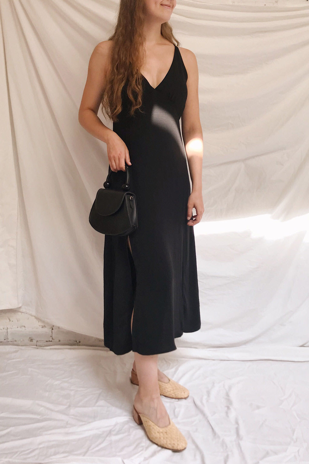 Delphi Black V-Neck Midi Dress | La petite garçonne model look