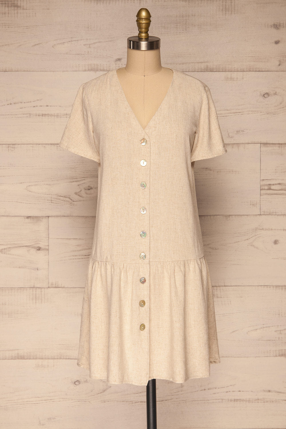 Demetria Beige Short Sleeve Button-Up Dress | La petite garçonne  front view 