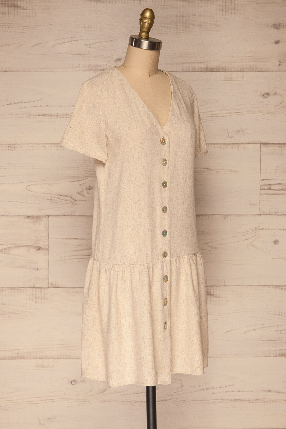 Demetria Beige Short Sleeve Button-Up Dress | La petite garçonne  side view 