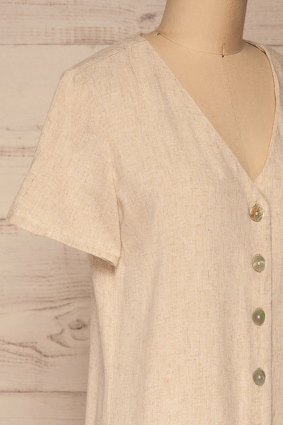 Demetria Beige Short Sleeve Button-Up Dress | La petite garçonne  side close-up