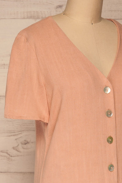 Demetria Pink Short Sleeve Button-Up Dress | La petite garçonne  side close-up