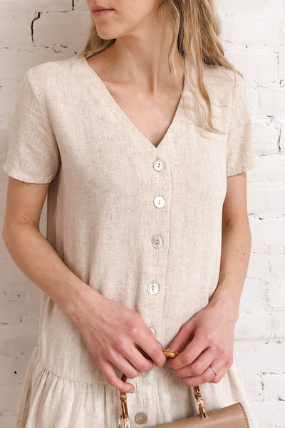 Demetria Beige Short Sleeve Button-Up Dress | La petite garçonne on model 1