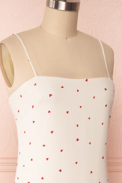 Desiree Beige Short Dress w/ Red Hearts | Boutique 1861 side close up
