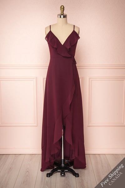 Destry Bourgogne Burgundy High-Low Maxi Wrap Dress front view FS | Boudoir 1861