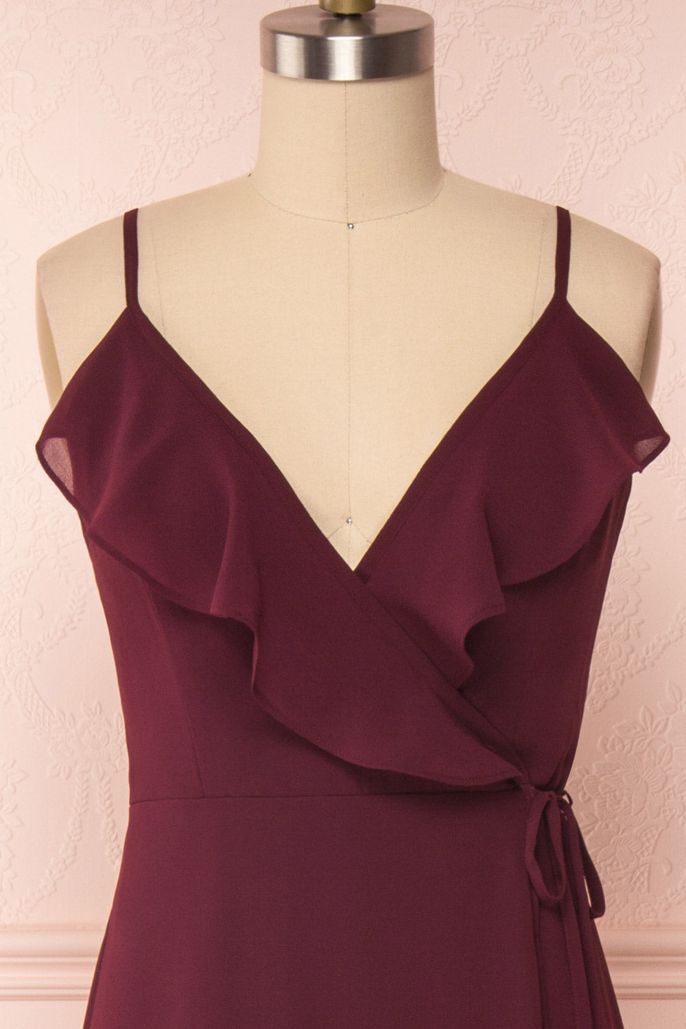 Destry Bourgogne Burgundy High-Low Maxi Wrap Dress front close up | Boudoir 1861