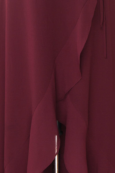 Destry Bourgogne Burgundy High-Low Maxi Wrap Dress fabric detail | Boudoir 1861