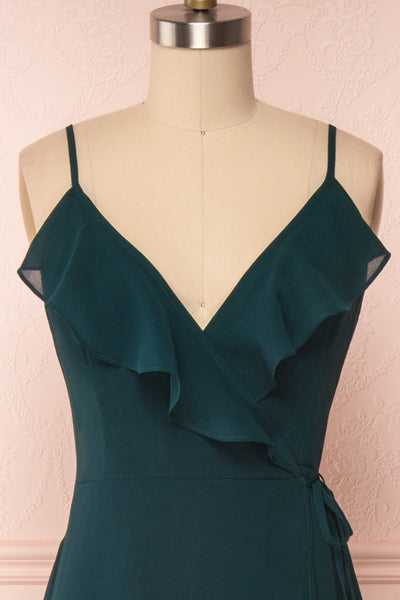 Destry Émeraude Emerald High-Low Maxi Wrap Dress front close up | Boudoir 1861