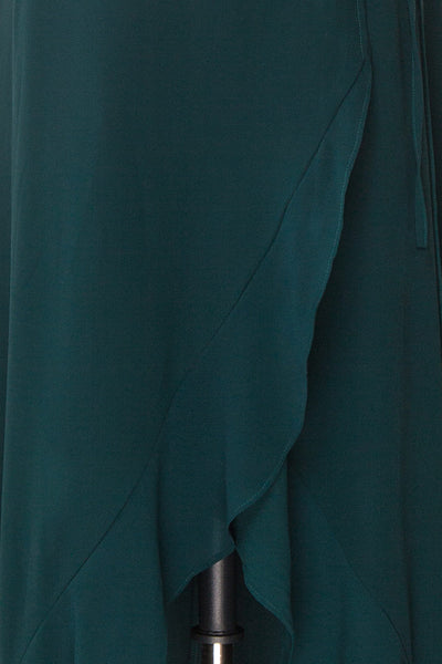 Destry Émeraude Emerald High-Low Maxi Wrap Dress fabric close up | Boudoir 1861