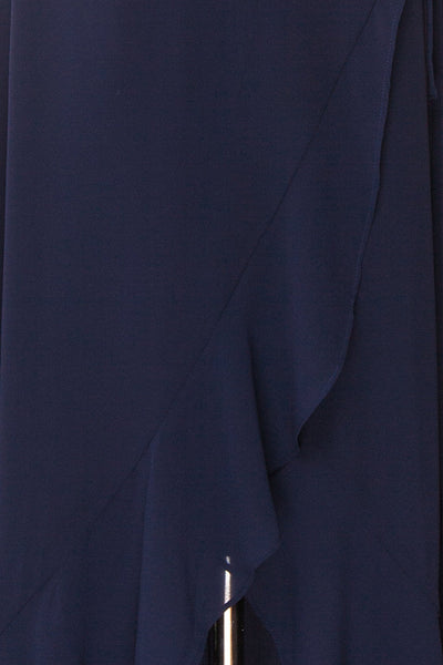 Destry Marine Navy Blue High-Low Maxi Wrap Dress fabric close up | Boudoir 1861