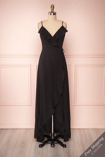 Destry Noire Black Ruffled High-Low Maxi Wrap Dress front view FS | Boudoir 1861