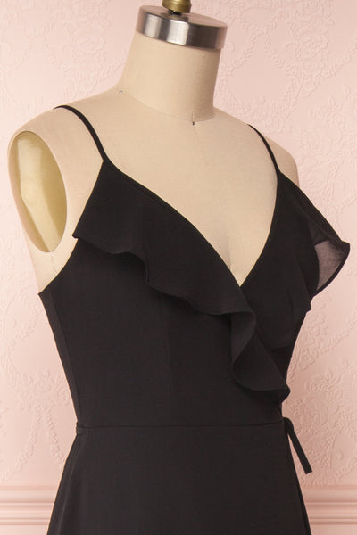 Destry Noire Black Ruffled High-Low Maxi Wrap Dress side close up | Boudoir 1861