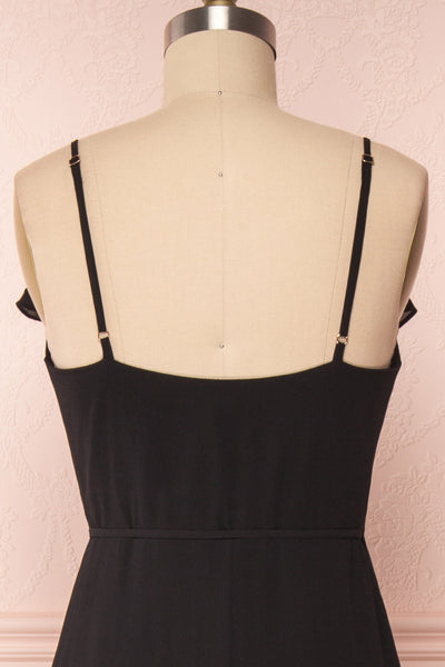 Destry Noire Black Ruffled High-Low Maxi Wrap Dress back close up | Boudoir 1861