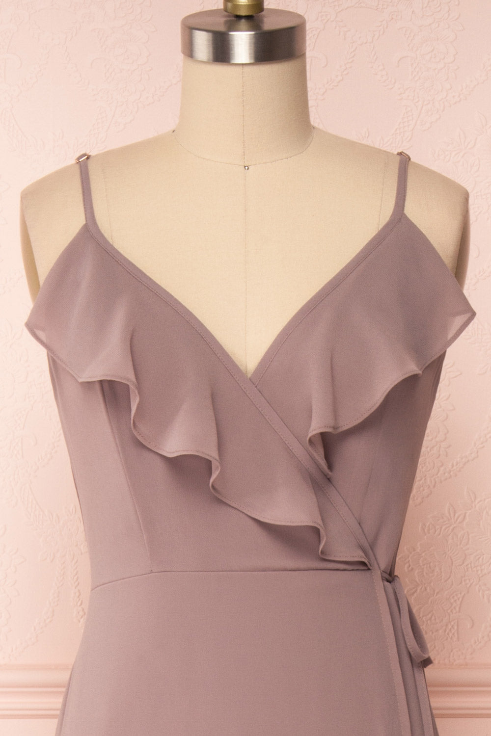 Destry Taupe Mauve Ruffled High-Low Maxi Wrap Dress front view | Boudoir 1861