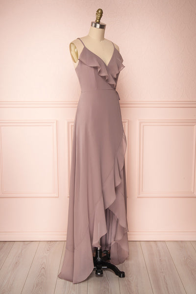 Destry Taupe Mauve Ruffled High-Low Maxi Wrap Dress side view | Boudoir 1861