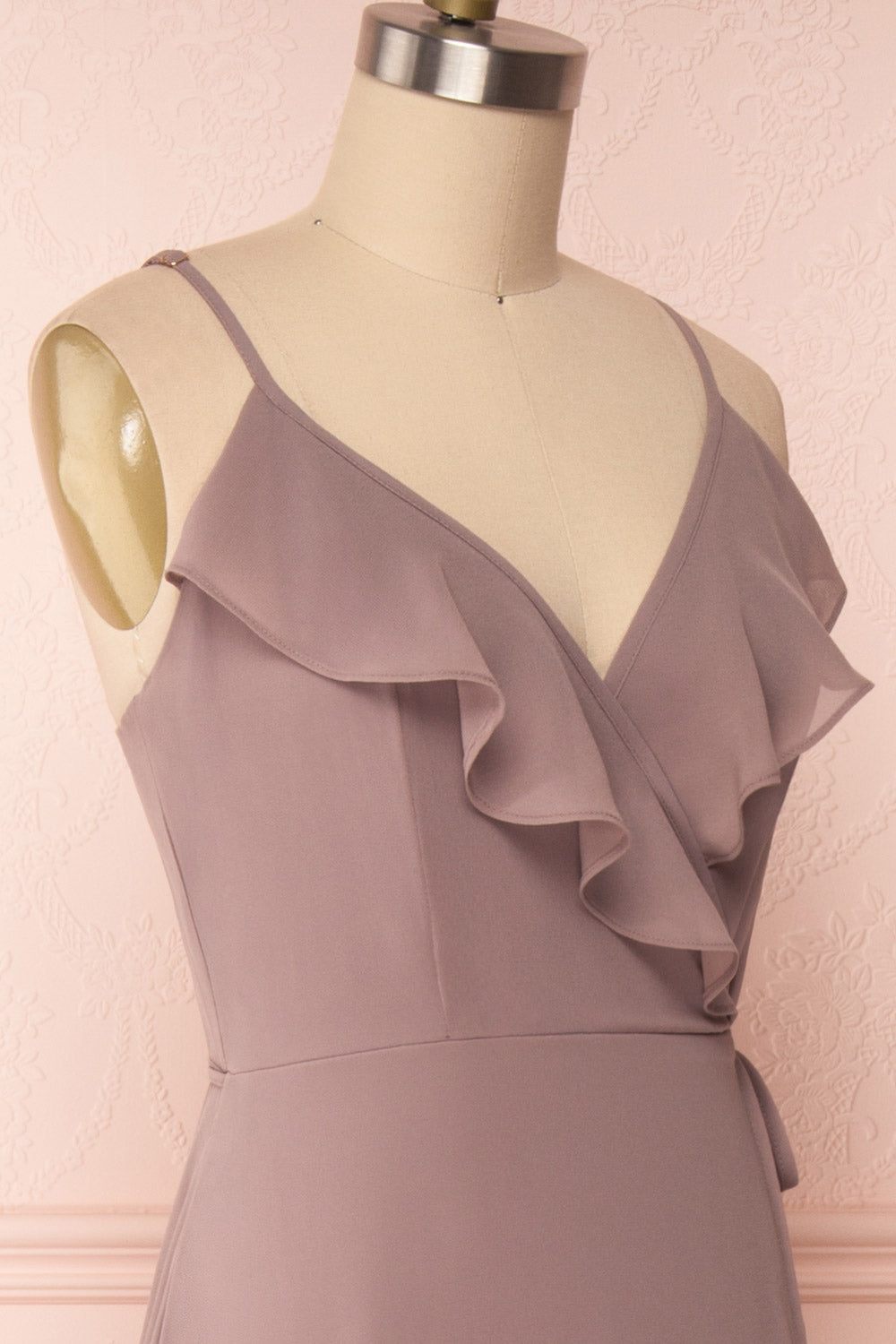 Destry Taupe Mauve Ruffled High-Low Maxi Wrap Dress side close up | Boudoir 1861