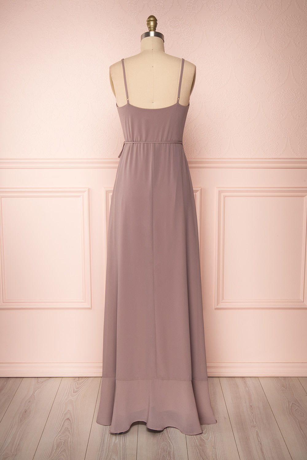 Destry Taupe Mauve Ruffled High-Low Maxi Wrap Dress back view | Boudoir 1861