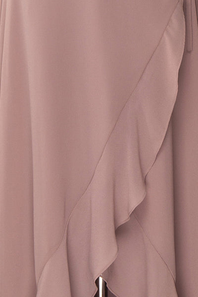 Destry Taupe Mauve Ruffled High-Low Maxi Wrap Dress fabric close up | Boudoir 1861
