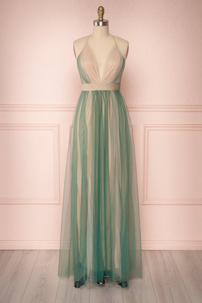 Ding Nymph Green Mesh Plunging Neckline Maxi Dress | Boutique 1861