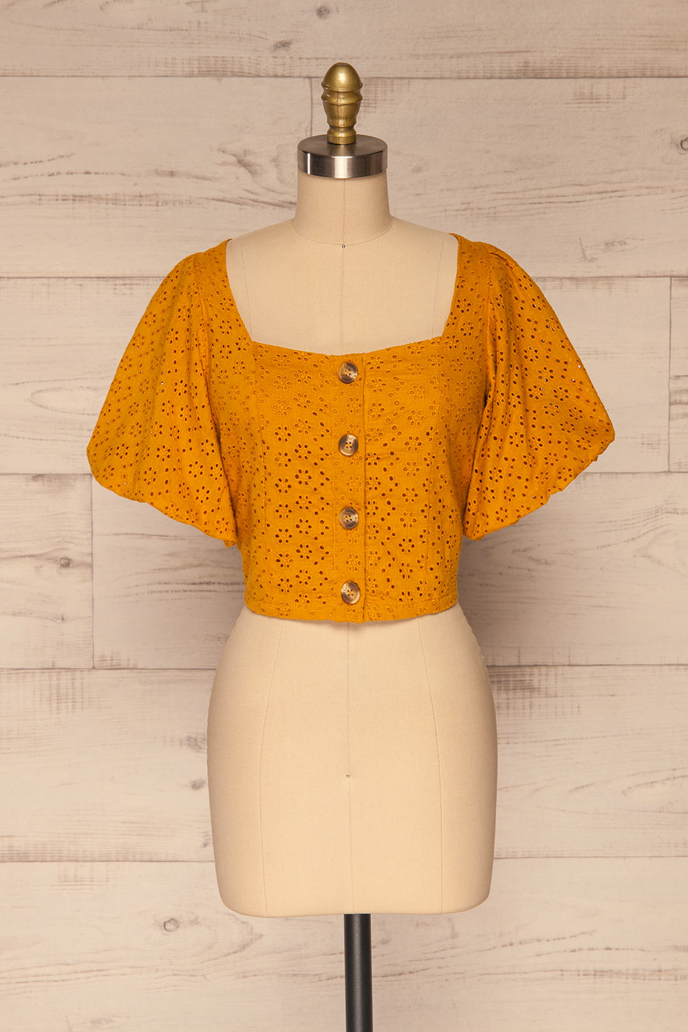 Dokkum Caramel Puffy Sleeve Openwork Top | La petite garçonne  front view 