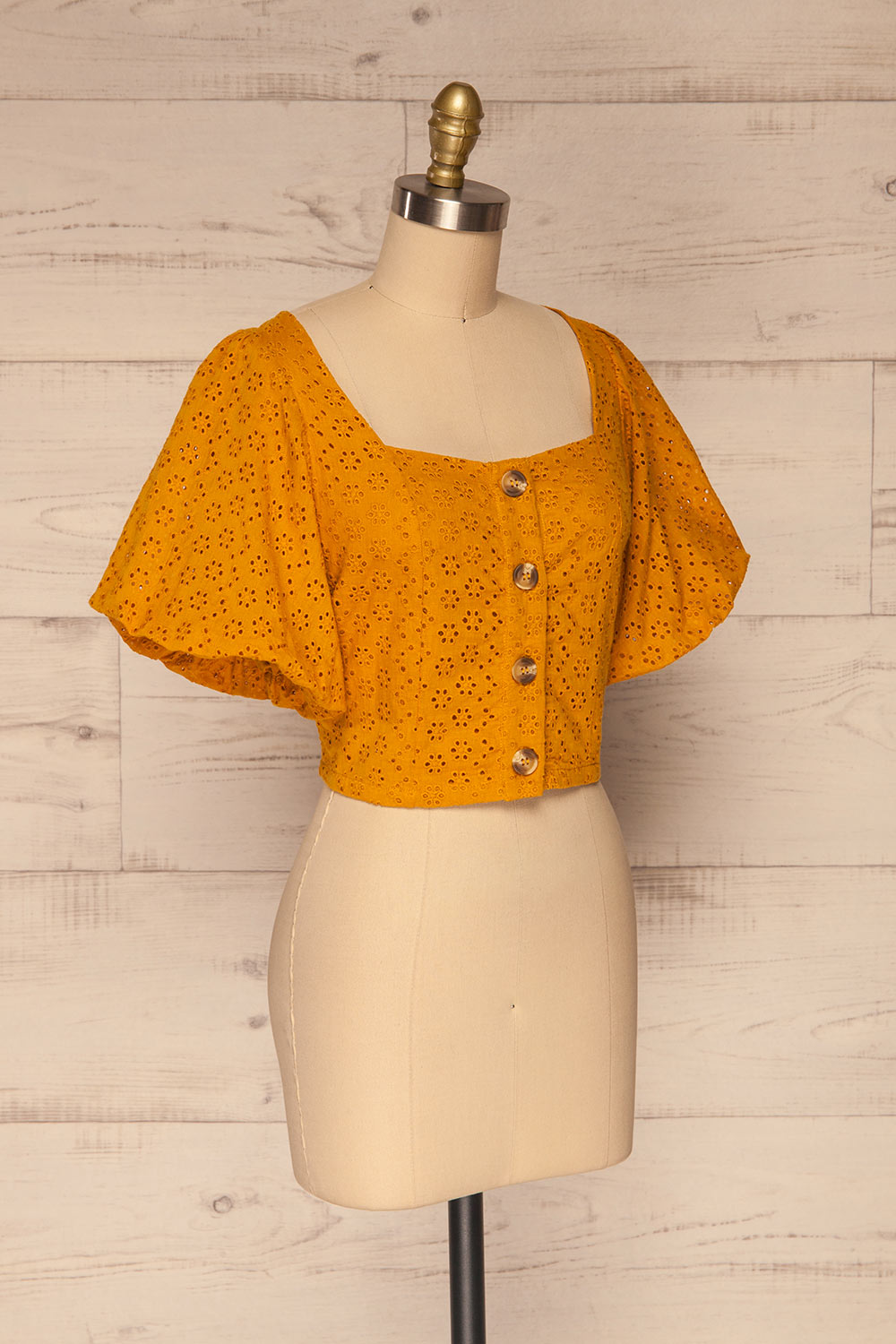 Dokkum Caramel Puffy Sleeve Openwork Top | La petite garçonne  side view 