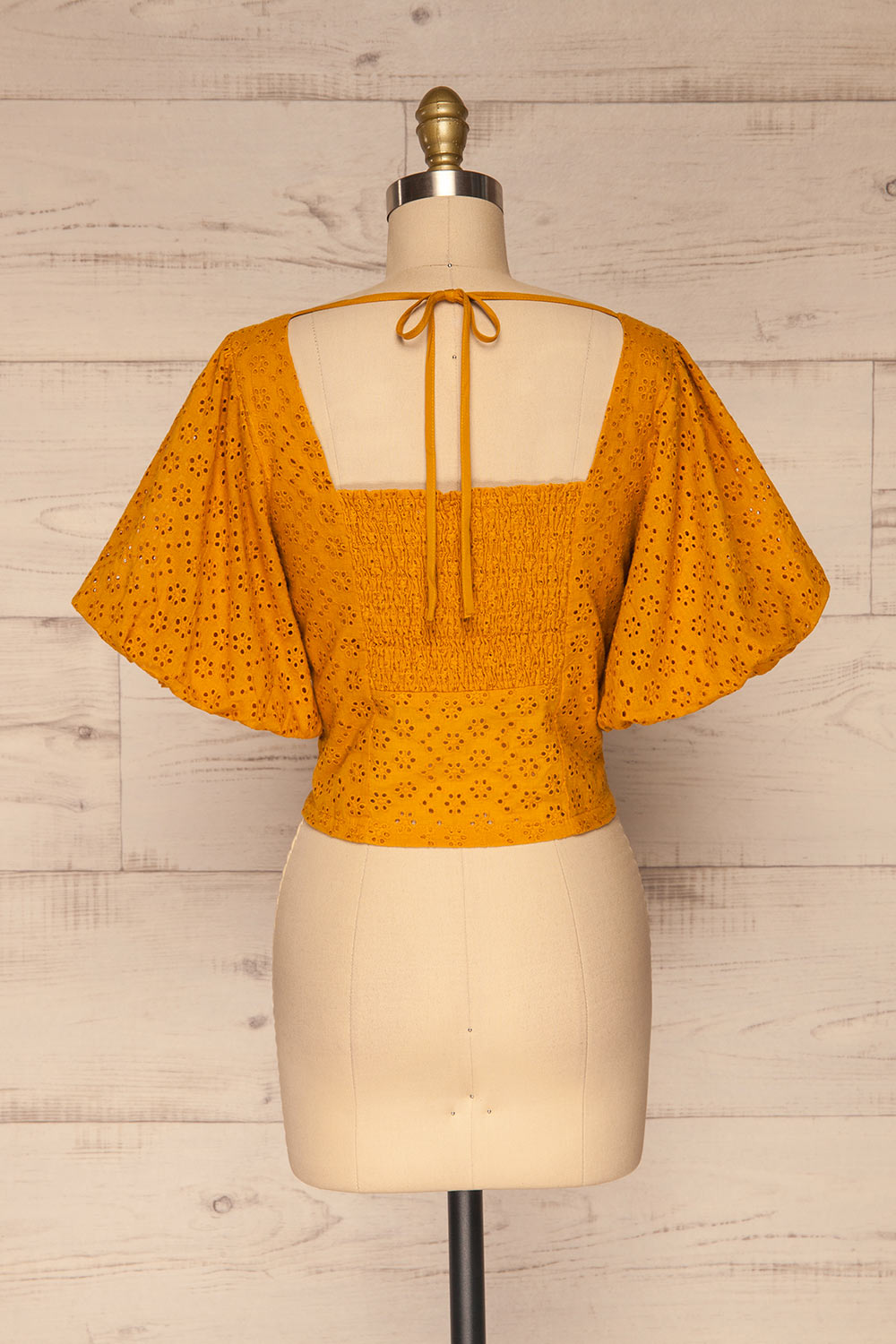 Dokkum Caramel Puffy Sleeve Openwork Top | La petite garçonne back view 