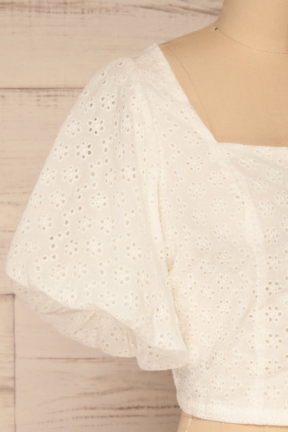 Dokkum White Puffy Sleeve Openwork Top | La petite garçonne side close-up