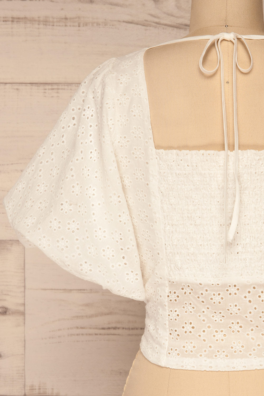 Dokkum White Puffy Sleeve Openwork Top | La petite garçonne back close-up