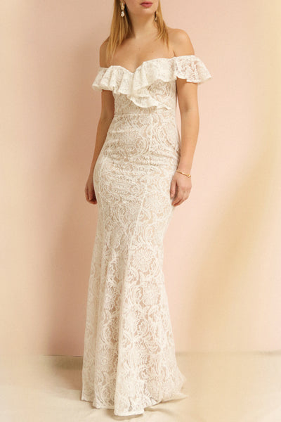 Donalda White Lace Mermaid Bridal Dress | Boudoir 1861 on model