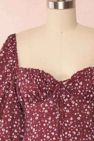 Donnie Burgundy Short Floral Dress | Boutique 1861 front close up