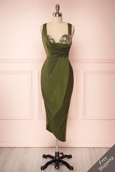 Dorete Olive Green Fitted Draped Cocktail Dress | Boutique 1861 1
