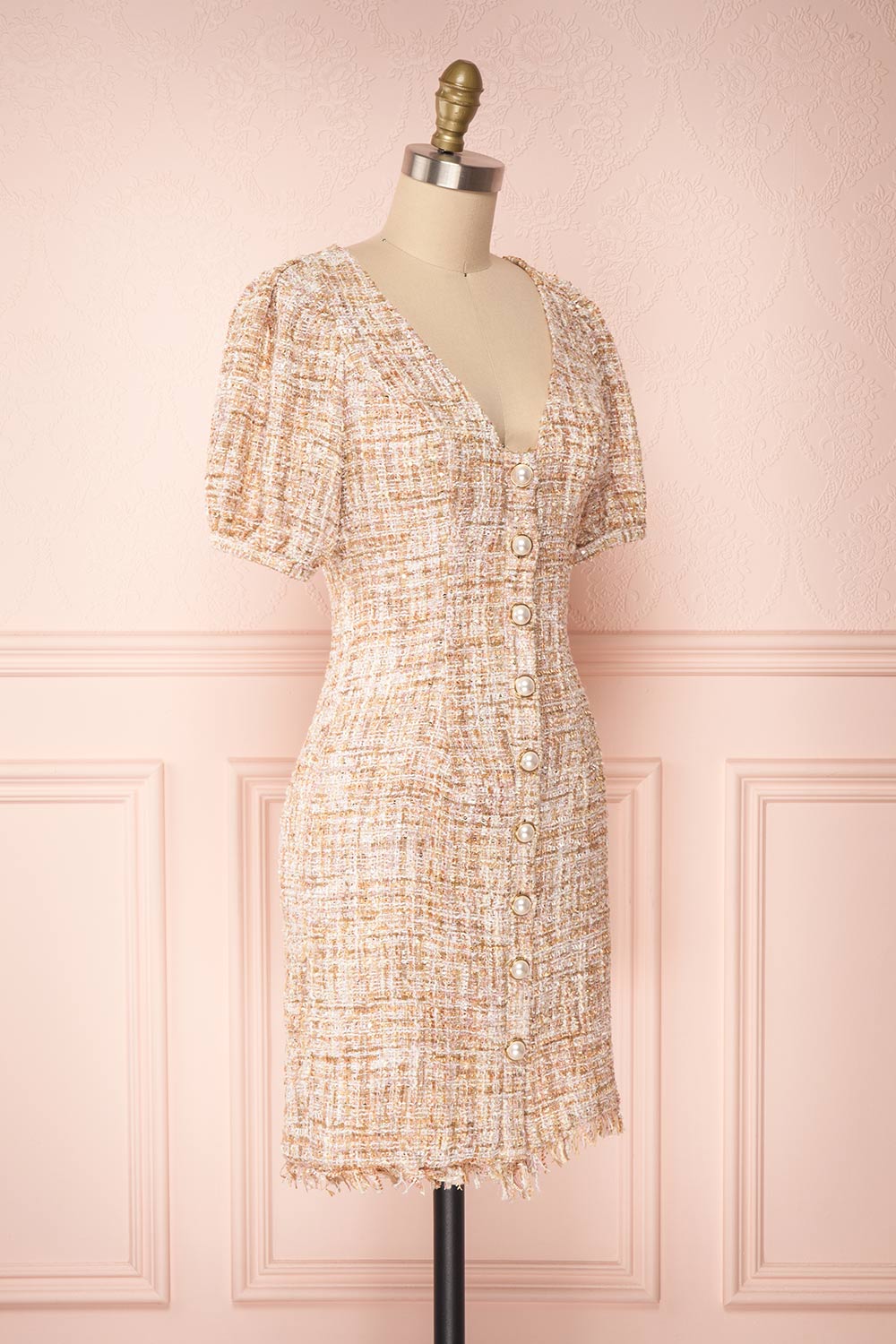 Dorothea Beige & Gold Tweed Dress | Robe Ajustée | Boutique 1861 side view 