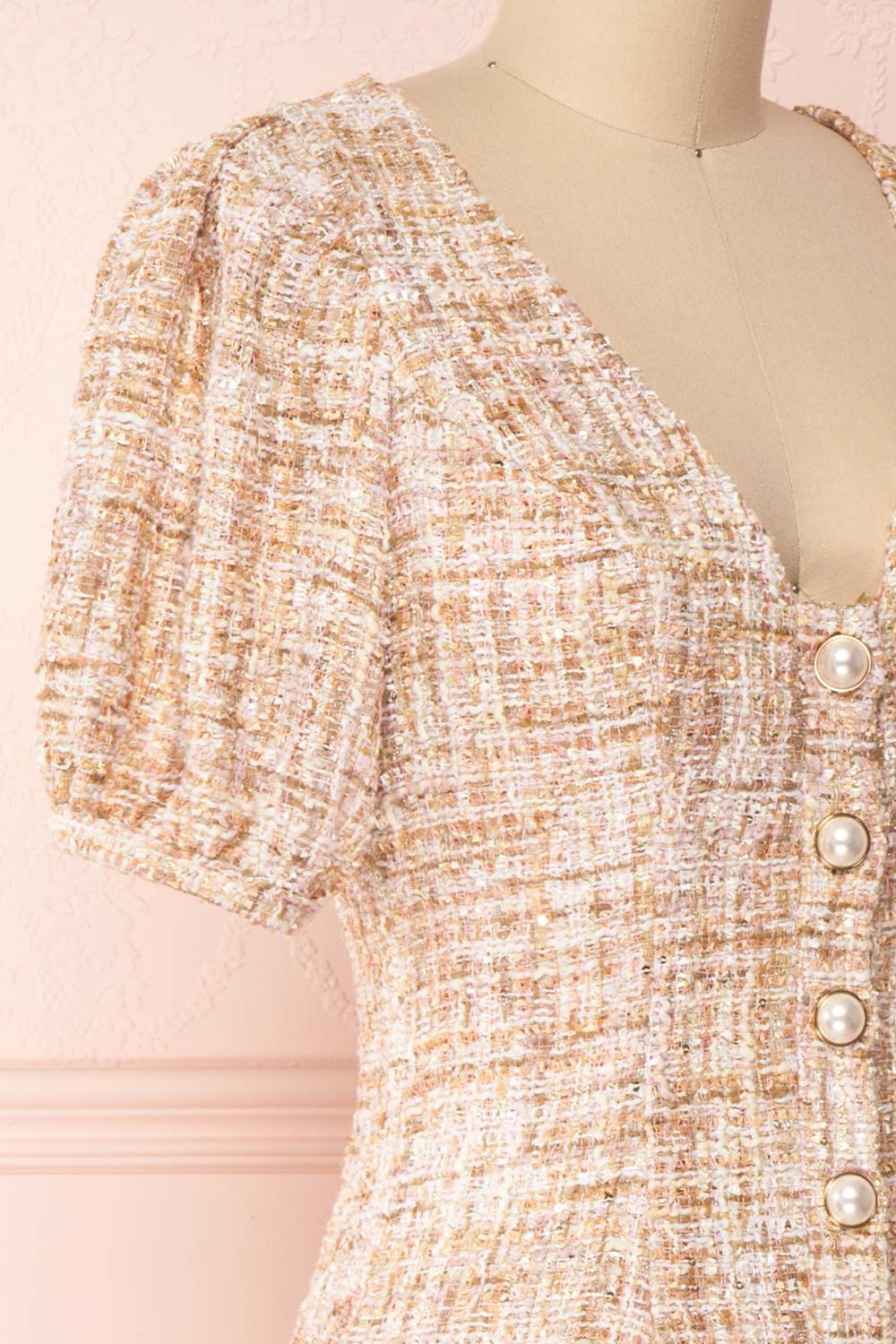 Dorothea Beige & Gold Tweed Dress | Robe Ajustée | Boutique 1861 side close-up