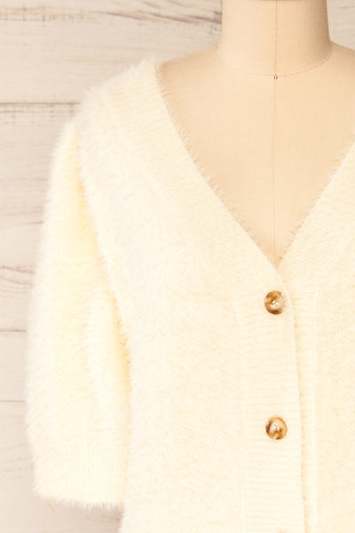 Douai Cream Buttoned Fuzzy Cardigan | La petite garçonne front close-up