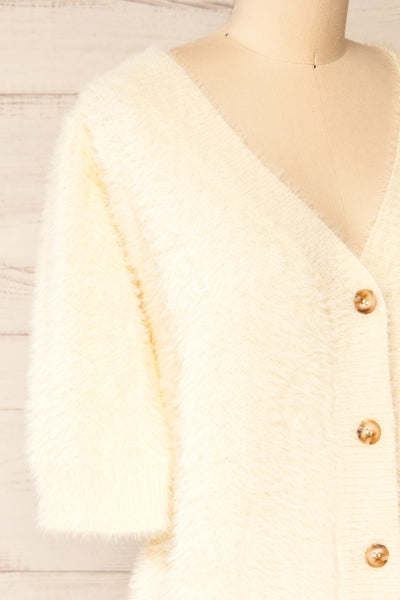 Douai Cream Buttoned Fuzzy Cardigan | La petite garçonne side close-up
