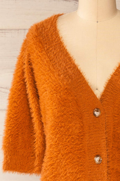 Douai Rust Orange Buttoned Fuzzy Sweater | La petite garçonne front close-up