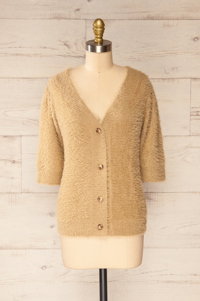 Douai Taupe Buttoned Fuzzy Sweater | La petite garçonne front view