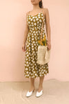 Ninette Khaki Floral Midi Dress | La petite garçonne on model
