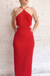 Canalaurco Red Halter Dress w/ Back Slit | La petite garçonne model close up