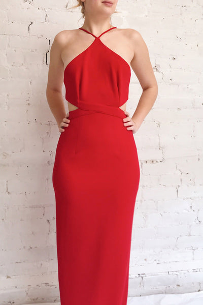 Canalaurco Red Halter Dress w/ Back Slit | La petite garçonne model close up