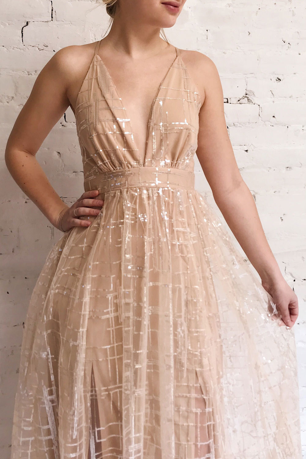 Chandrima Beige Maxi Dress w/ Sequins Tulle | Boutique 1861 on model